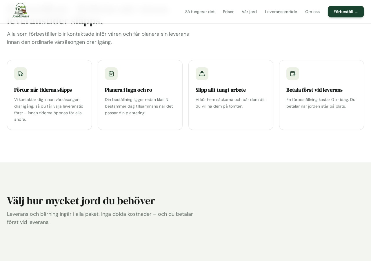 JordExpress sida med beställningsprocess och prisalternativ