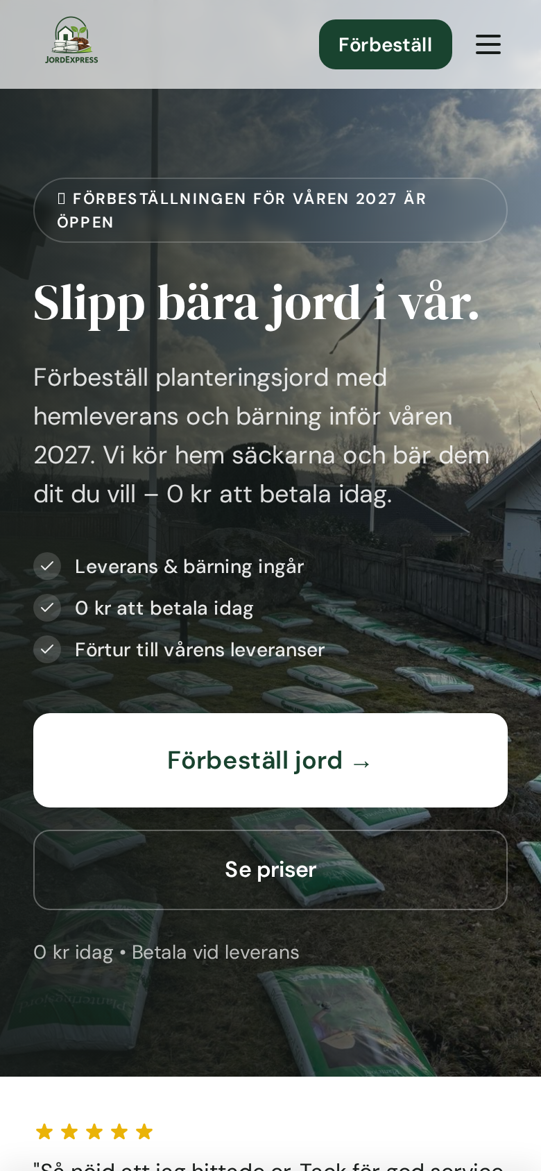 JordExpress startsida visad i mobil med logotyp, rubrik och knapp för förbeställning